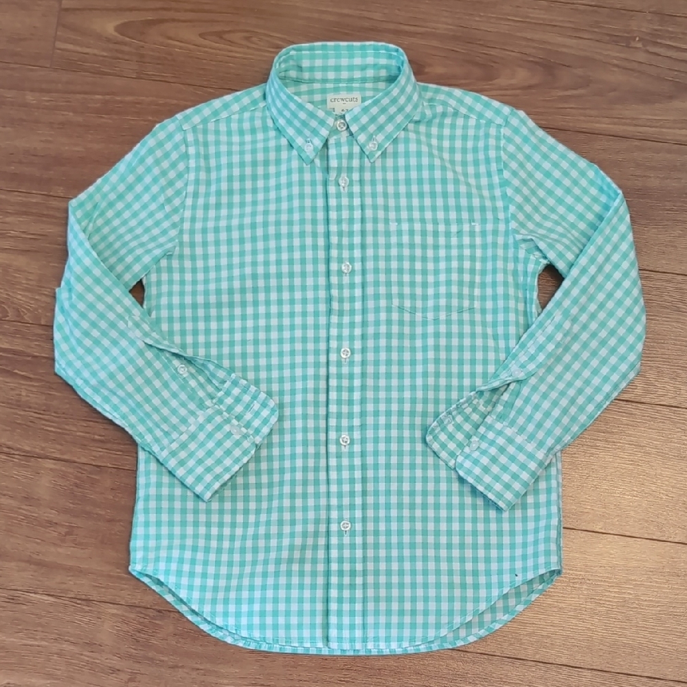 J. Crew Crew Cuts Boys Aqua Gingham Button-Up Shirt Size 6-7